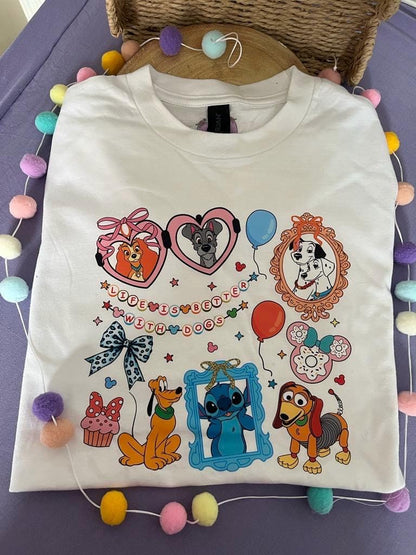 Pets Inspired Printed White T-Shirt, Dogs, Stitch, Dalmations and Friends - Adults & Kids Sizes - Cotton T-Shirt