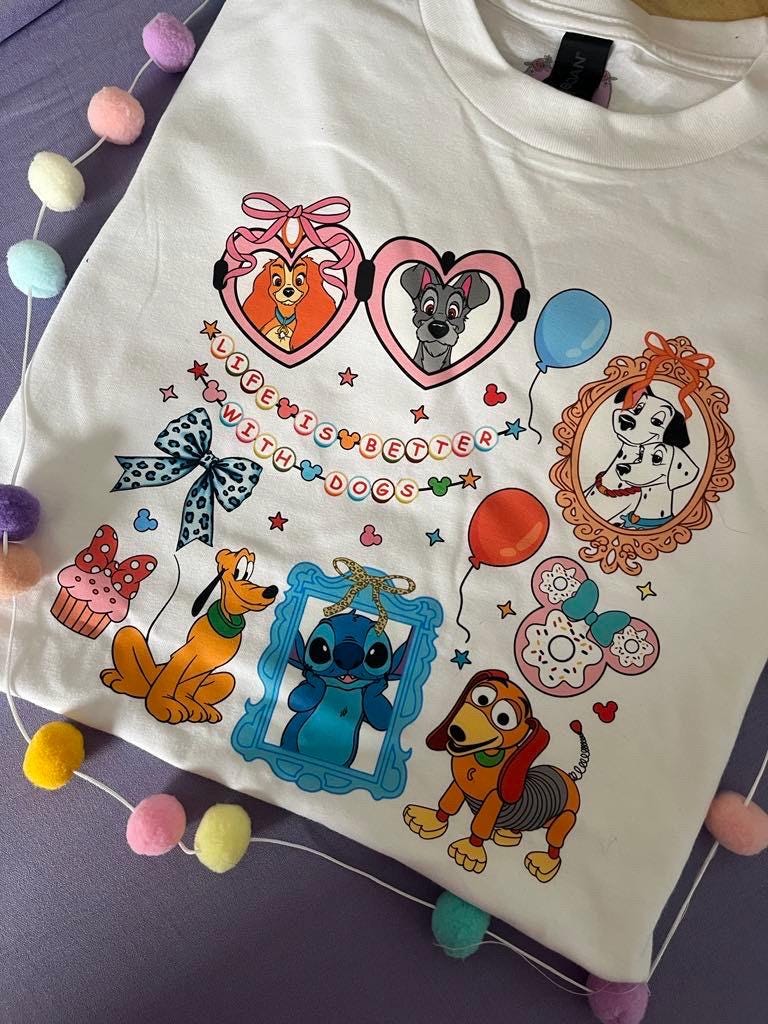 Pets Inspired Printed White T-Shirt, Dogs, Stitch, Dalmations and Friends - Adults & Kids Sizes - Cotton T-Shirt
