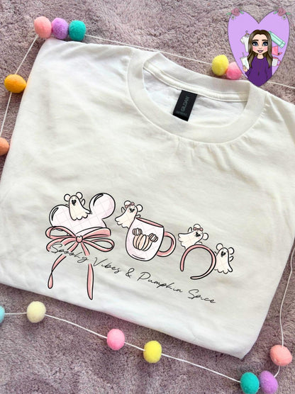 Ghost Mouse, Pumpkin Spice T-Shirt, Ears, Florida, Orlando, Halloween T-Shirts, Halloween Outfits - Adults & Kids Sizes - Cotton T-Shirt