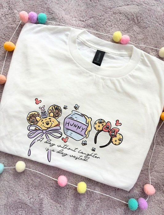 Hunny Bear Pooh Inspired Printed White T-Shirt, English Yellow Bear, Acre Wood - Adults & Kids Sizes - Cotton T-Shirt