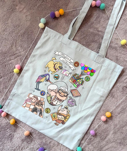 Up and Away, Ellie and Karl Tote Bags, Adventure is out there, Movie Theme Cotton Canvas Tote Bags, Printed Inspired Tote Bags, Shopper Bags