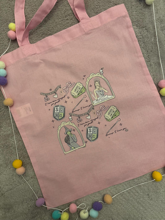 Wicked Witch Pink Tote Bags, Pink and Green Witch Cotton Canvas Tote Bags, Printed Inspired Tote Bags, Shopper Bags