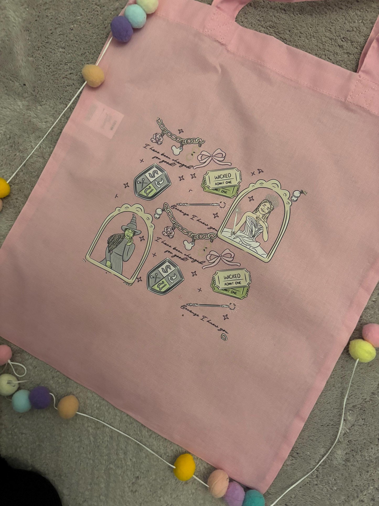 Wicked Witch Pink Tote Bags, Pink and Green Witch Cotton Canvas Tote Bags, Printed Inspired Tote Bags, Shopper Bags