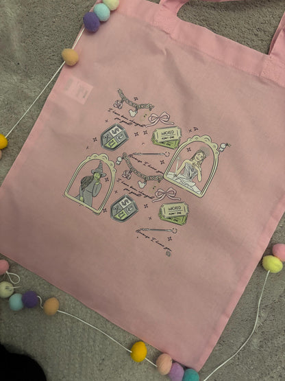 Wicked Witch Pink Tote Bags, Pink and Green Witch Cotton Canvas Tote Bags, Printed Inspired Tote Bags, Shopper Bags