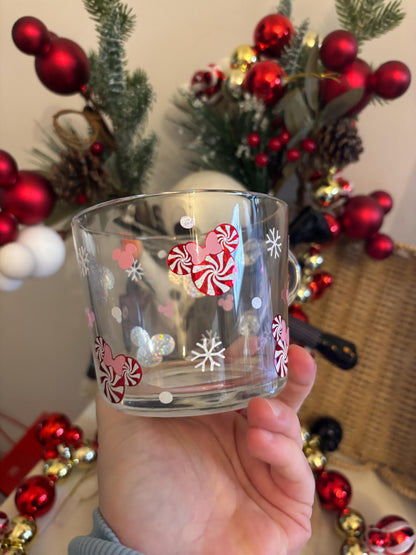 Christmas Glass Mug, Christmas Candy Cane Mouse Glass Mug, Christmas Decor, Christmas Candy Cane Lane Decor, Glass Mugs