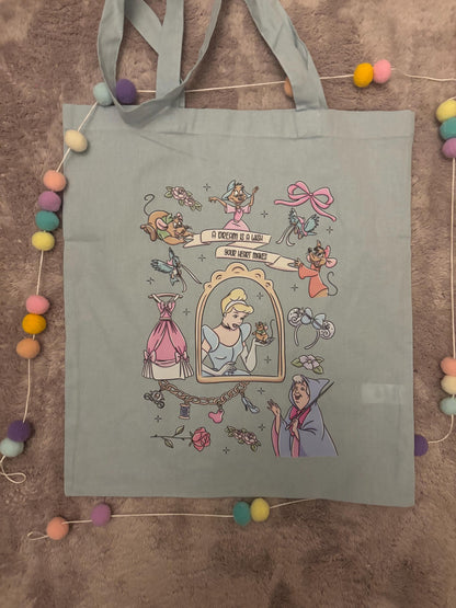 Cinderella Story Tote Bags, Princess Theme Cotton Canvas Tote Bags, Printed Inspired Tote Bags, Shopper Bags
