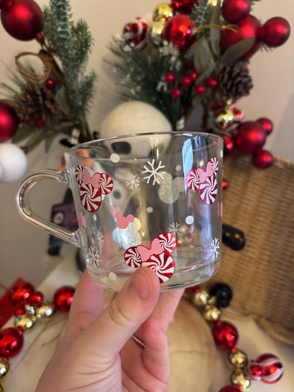 Christmas Glass Mug, Christmas Candy Cane Mouse Glass Mug, Christmas Decor, Christmas Candy Cane Lane Decor, Glass Mugs