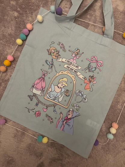 Cinderella Story Tote Bags, Princess Theme Cotton Canvas Tote Bags, Printed Inspired Tote Bags, Shopper Bags