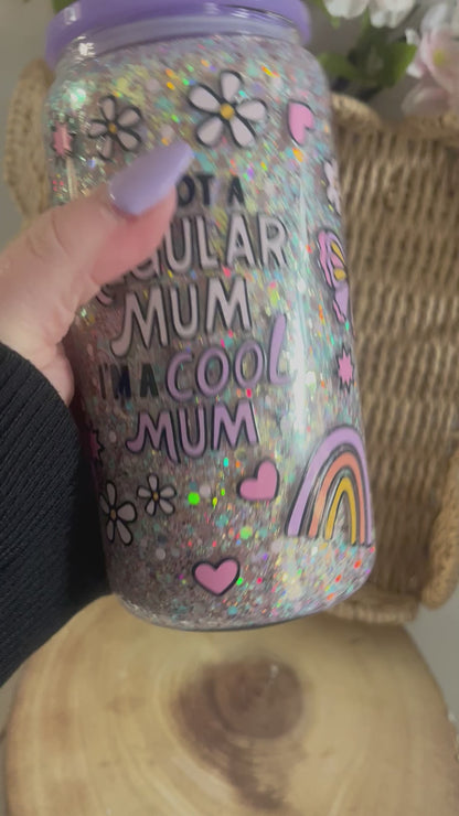 Cool Mum Glitter Glass Tumbler, Glassware, Snowglobe, Glitterglobe, Pretty Drink Cups, Butterfly Theme, Rainbow Theme, Glitter Glasses